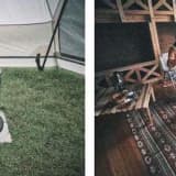 焚き火テーブルを石油こんろを囲む