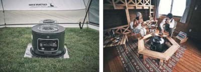 焚き火テーブルを石油こんろを囲む