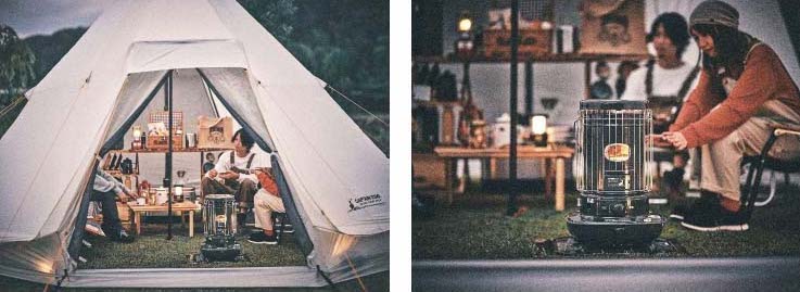 石油ストーブで暖かなテント内