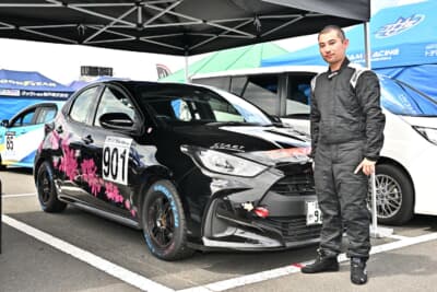 お店の撮影日にYaris Cupで欠席していたGRコンサルタントの三原明誠さん。岡山国際サーキットにて撮影