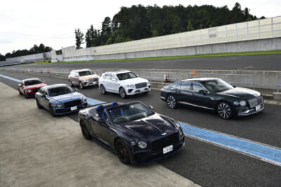 サーキットに並んだ6台のスペシャルモデル。晴天の空のもと、深い色合いのボディがサーキットに映える