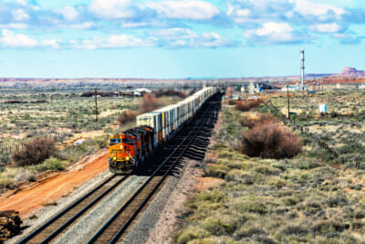 公園内には跨線橋もある。1マイルを超える長さといわれるBNSF（バーリントン・ノーザン・サンタフェ鉄道）の貨物列車と出会う