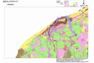 河川沿いなど、レベル別に液状化危険度を喚起する公式マップも配布されている