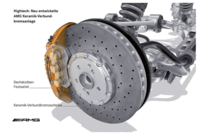 オプション装備として、レース用スペックのAMGカーボンセラミックブレーキを設定し、AMG CARBON CERAMICの文字が入った専用色のキャリパーを備えている。このカーボンセラミックブレーキは、1700℃での高温の真空強化処理が施され、硬度が高められ耐フェード性に優れる