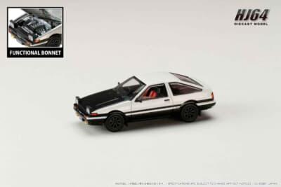 ダイキャスト製1/64スケールトヨタ「スプリンター トレノGT APEX JDMスタイル カーボンボンネット」（ホワイト／ブラック）