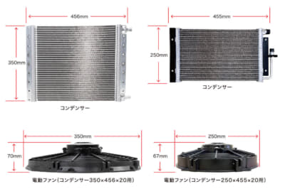 コンデンサーやコンデンサー用の電動ファンもサイズを2種類用意されている