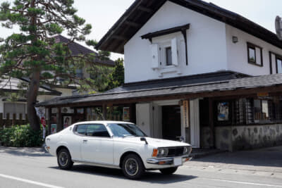 もがみ北部商工会金山事務所前に展示されたのは日産610ブルーバード。立派な松の木とマッチしている