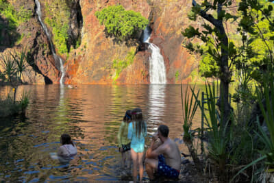 滝壺での水遊びが人気