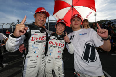 もてぎを制した31号車 DENSO LEXUS RC F GT3のドライバー、永井宏明、小高一斗、嵯峨宏紀