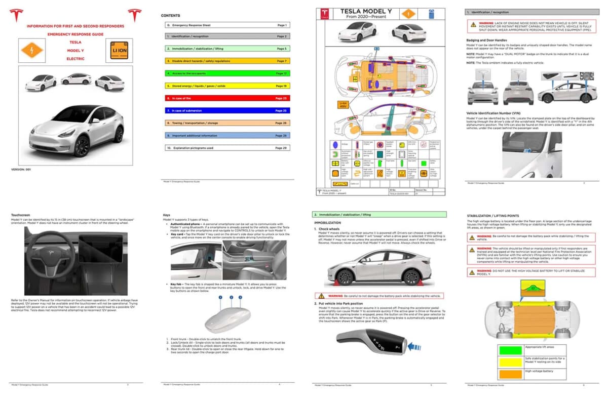 電気自動車であるテスラ モデルYのレスキューカードの一部。ページ数は全31ページにおよぶ