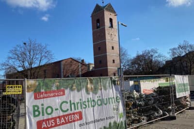 近所のクリスマスツリーの露店