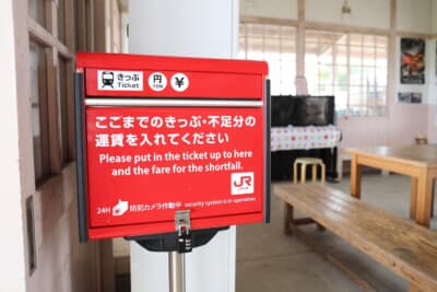 完全無人駅のため、キップや不足運賃はこのボックスで回収