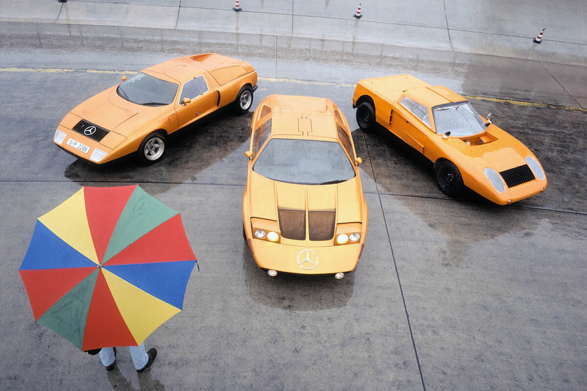 C111の3機：1970年のC111-II（中央）、1969年のC111-I（左）、C111の初期プロトタイプ・ホーベル（右）。1970年撮影