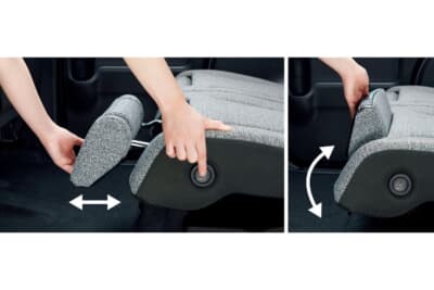 スズキ スペーシア:停車時に左右セカンドシートの座面先端に付いているフラップを引き出すことで、足を伸ばせるオットマンとして利用することができる