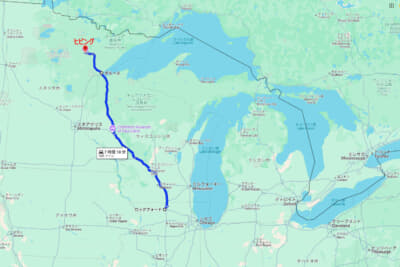 イリノイ州ロックフォードからウィスコンシン州を縦断して、ミネソタ州ダルース、そしてヒビングへ