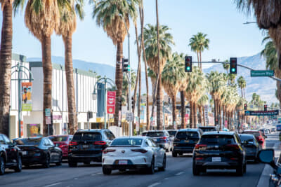 パームスプリングスの町はその名の通り、ヤシの木が立ち並ぶ温泉の保養地として発展