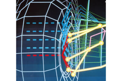 1982年「世界初の画期的なマルチリンク・リアサスペンション」を搭載した190／W201シリーズ。後輪は各々適切に配置された「5本のリンク」によって位置決めされ、快適な乗り心地に必要なしなやかさを持ち、操縦性への悪影響を抑え、路面からのショックを吸収し、優れたロードホールディングを実現。写真はその大型図解
