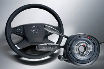 1本のコンビネーション・スイッチレバーで、上下に倒すとウインカー、手前に引くとパッシング、レバーをつまんで捻るとワイパー、押し込むとウォッシャー、そして奥へ倒せばヘッドライトのハイビーム／ロービーム切り換えの機能を発揮