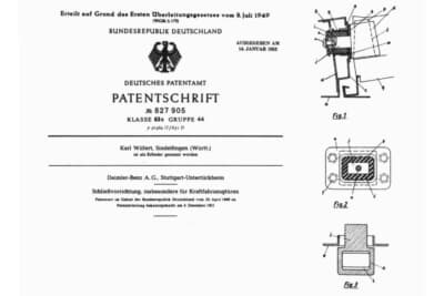 1949年4月23日に登録された特許は、ウェッジピンドアロックの最初のバージョン。安全性特許「827 905」として、「ロック装置、特に車両用ドア」のタイトルと図面。ドアを確実にロックし乗員保護をする