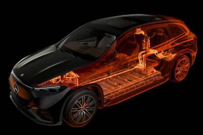 EQS SUVの模式図。「Defining Electric Safety」キャンペーンで、世界で最も安全な車を製造する8段階の安全コンセプトが、車両のフロアにあるバッテリーを保護する