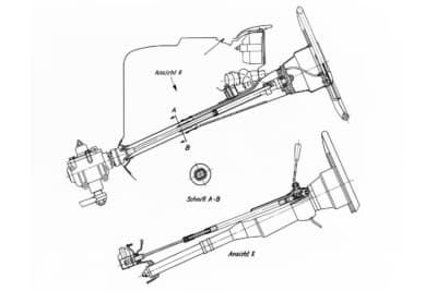 1967年に標準装備された衝撃吸収式セーフティステアリングシステム図。ステアリングホイールにインパクトプレートがあり、変形可能なインパクトアブソーバーが付いている。ステアリングコラムとシフトロッドは、衝突時に伸縮自在にスライドする