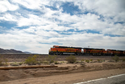 長大な貨物列車が脇を走り抜ける