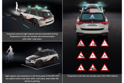 第5世代の安全実験車ESF 2019でとくにユニークなのが事故警告表示システム。事故が発生した場合、自動的に車両の後方から小型の自走式ロボットが走り出して後方車両に前方が危険な状態であることを警告し、2次衝突事故を防止。また車両のルーフからも三角表示板がポップアップし、同時にリアウインドウにも危険警告をディスプレイ表示する