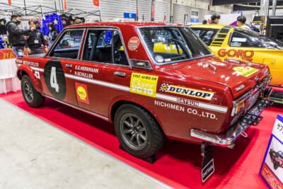 日産 3代目 510型ブルーバード：足まわりはニスモのラリー用サスペンションを装着して若干車高がアップしている