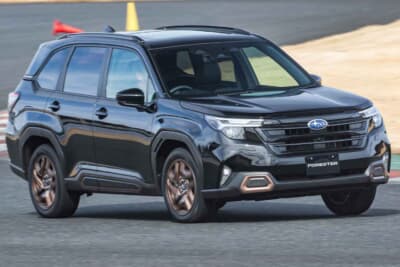 スバル フォレスター スポーツEX：ロールは1.8L DITのスポーツでも深い。ブレーキングからコーナー進入にかけて、ダイアゴナル（対角線上）に外側の前輪が沈み込み、内側の後輪が浮き上がり気味の姿勢になっていることが伝わってくる
