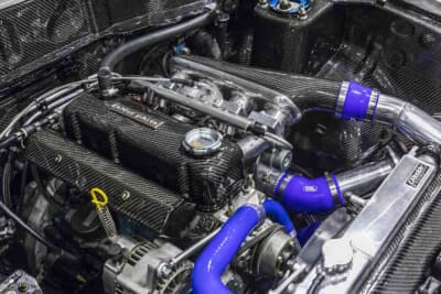 日産 B310型 サニークーペ：エンジンはオリジナルのA14型をベースにA15クランクと特注ピストン、H断面のクロモリコンロッドなどを組み合わせた1527ccにターボ装着