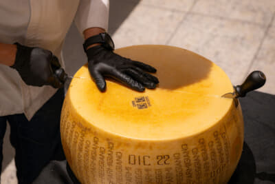 イベントの締めくくりには、厳選されたパルミジャーノ・レッジャーノのテイスティング（24ヶ月熟成と36ヶ月熟成）を、イタリアのフランチャコルタや抹茶のモクテルなどと合わせて楽しんだ