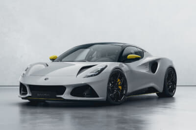 ロータス エミーラ ターボSE：アイスグレーのボディにイエローのアクセントカラーを施したオプションのレーシングライン