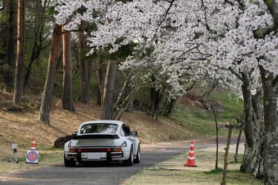 アートビレッジ明神池の周回路を使ってのPC競技をする参加車両たち、今回は桜がピークということもあり希少なヒストリックカーと桜の写真を収めようという見学客も多いポイントであった