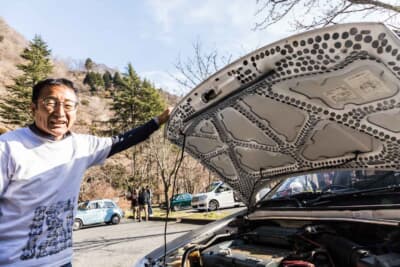 いすゞ ジェミニ イルムシャー：ボンネットは土師さんがDIYでドリルド加工して軽量化している