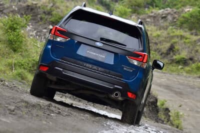 フォレスター プレミアムS:HEV：急な下り坂でX-MODEをオンにすると、ヒルディセントコントロールが作動して、ブレーキペダルを踏まなくてもタイヤのグリップを失わない速度でユックリと走る。まさにオフロードのクルコンだ