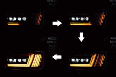 ジュエルハードランプウルトラ：ウインカーはスクエアLEDバーがオレンジ点灯。通常はオーソドックスな点滅だが配線を変更することでシーケンシャルが選択できる。コの字LEDのL型部が点灯するがそれに連動して外側の4本も点灯するので正面だけでなく側面からの視認性も優れている