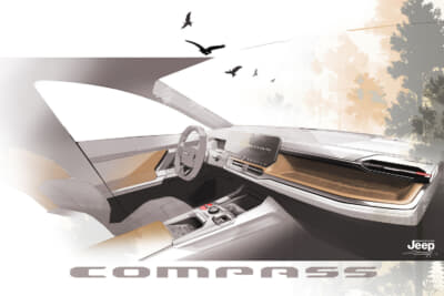 ジープ コンパス 4xe：内装のカラーリングはタンを基調とし、汚れが目立ちにくい仕様に。従来モデルで採用されていたシルバーのインテリアアクセントはレッドに変更され、タフで個性的な印象を演出している