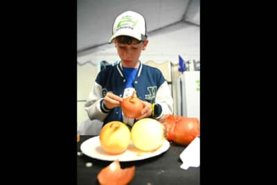 STIのマスコットボーイのダニエルくんも玉ねぎの皮むきのお手伝い。なかなか薄皮が剥けずに真剣