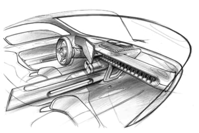スケッチからは伺えないがステアリングはレーシングカーからインスパイアされたデザインが採用されているようだ