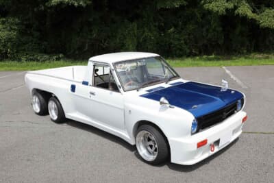 日産 サニートラック：前後バンパー、サイドステップ、ブリスターフェンダーは「まつおか」製。一体成型加工がポイントだ