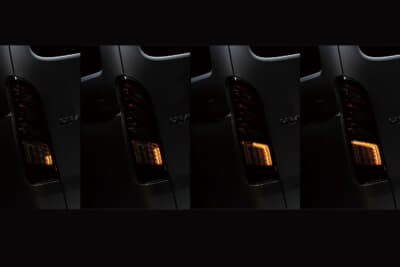 インテック ハイエース200系用フルLEDテールランプType2：ウインカーはユニット裏側の配線を変更することでシーケンシャルウインカーと点滅の切り替えが可能。シーケンシャルは、写真左から右へと点灯するLEDが増えていく