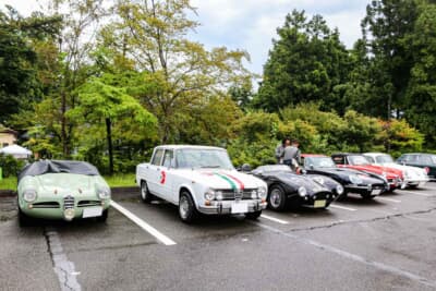 左から順に、アルファ ロメオ ジュリエッタスパイダー、ジュリア スーパー、サミオス スパイダー、ジャガー Eタイプ 