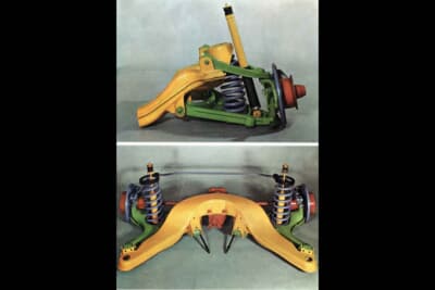 フロント＆リアアクスル。写真上はダブルウィッシュボーン式のフロント、写真下はメルセデス・ベンツ独自のダイアゴナル・スイングアクスル（セミトレーリングアーム式）のリア