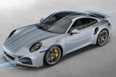 ポルシェ911ターボS:フロントの垂直クーリングエアフラップとアクティブフロントディフューザーの効果的なエアロダイナミクス