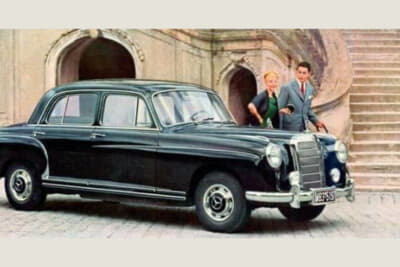 上級版として1954年に登場した220/W180は、延長したシャシーに85HPを発揮する2.2L直列6気筒エンジンを搭載。一気にモダンなフラッシュサイドのスタイルとなる。Pontonは愛称