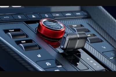 アストンマーティンDB12S:赤いアルマイト仕上げのアルミ製ドライブモードロータリーはオプション