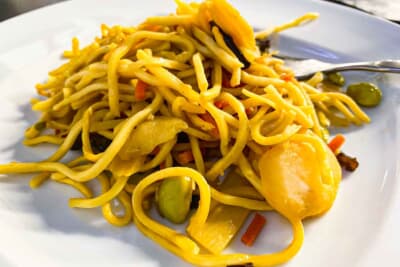 フランクフルトのメディアセンターで提供されたのは、ベジタブル焼きそばのみでした。塩味が強く、後で喉が渇きました