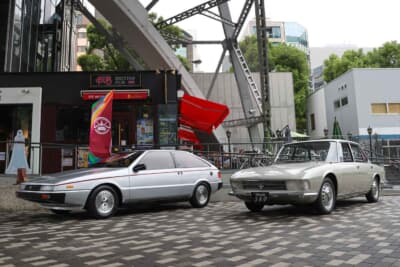 ジョルジェット・ジウジアーロさんのデザインによる2台。右は初代ルーチェ試作モデル「MAZDA S8P」で、左はピアッツァ原形プロトタイプ「Asso di Fiori」が並んだ