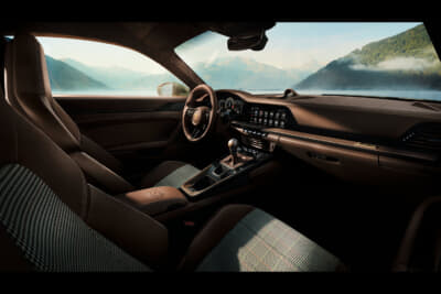 911 GT3 90 F. A.ポルシェ：キャビンはトリュフブラウンのクラブレザーに、チョークベージュの装飾ステッチを組み合わせている