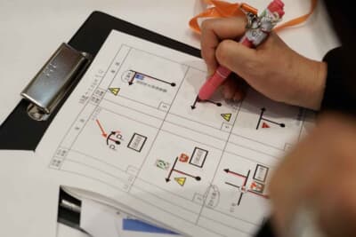 ドライバーズミーティングで、コマ図に注意点などを書き込むエントラント